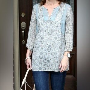 J. Jill Soft Rayon Mixed Print Top Chalk Blue Blouse L P